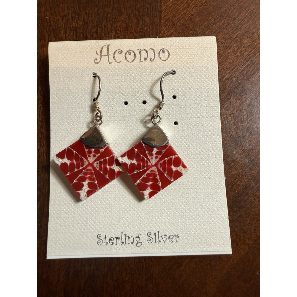 Vtg Sterling Silver Red Mosaic Geometric Spider Square Earrings Mod Retro Art